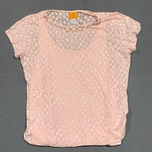 Ruby Rd Women's Top L Pink‎ Silver Embellished Semi Sheer Short Sleeve Blouse